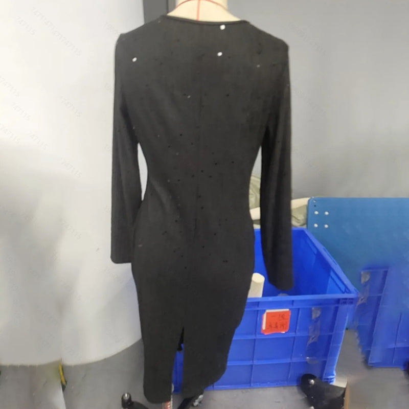 Women's Elegant Sequin Midi Dress, Sparkling Bodycon Round Neck Gown For Wedding & Formal Events