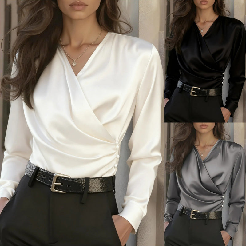 Women's elgant Cross V-Neck Blouse, Ruffle Detail Button Accent Office Shirt For Casual Wear