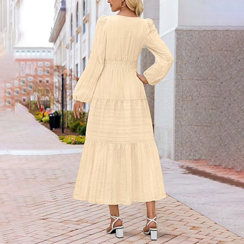 Women's Solid Color V-Neck Smocked Waist Maxi Dress, Bohemian A-Line Long Sleeve For Vacation And Daily Wear