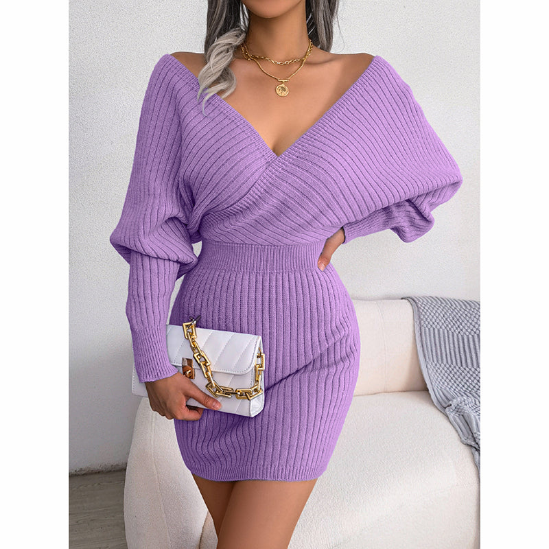 Women's Batwing Sleeve Sweater Dress- Sexy Off The Shoulder V-Neck Mini Dress, Solid Color