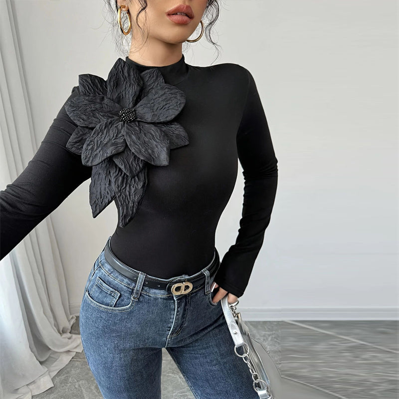 Women's Elegant Solid Color Knit Top, 3D Floral Rhinestone Decor High Neck Long Sleeve Blouse