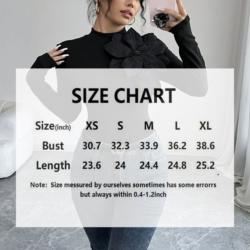 Women's Elegant Solid Color Knit Top, 3D Floral Rhinestone Decor High Neck Long Sleeve Blouse