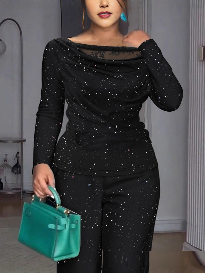 Lace Patchwork Long-sleeved Top With Wide-leg Pants Casual Two-piece Set