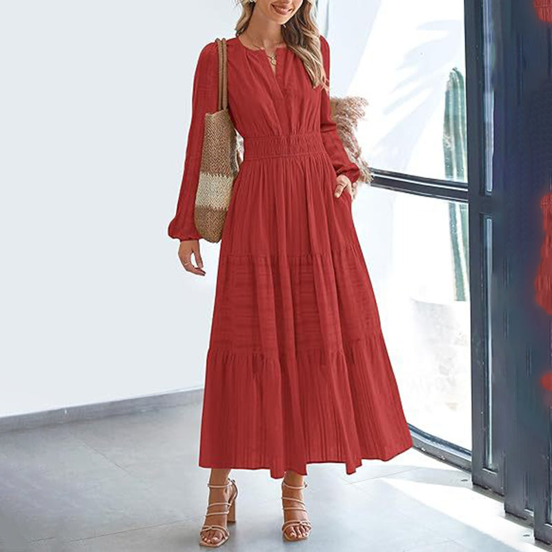 Women's Solid Color V-Neck Smocked Waist Maxi Dress, Bohemian A-Line Long Sleeve For Vacation And Daily Wear