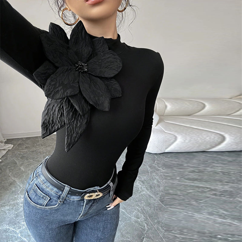 Women's Elegant Solid Color Knit Top, 3D Floral Rhinestone Decor High Neck Long Sleeve Blouse