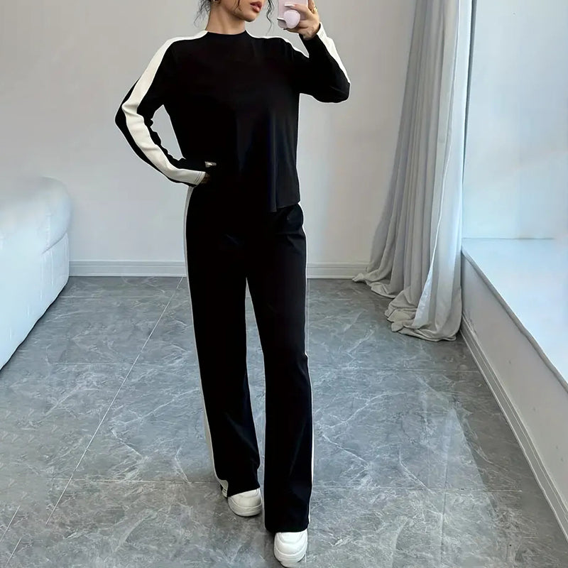 Women's Color Block Lounge Set - 2 Piece Pullover & Wide-Leg Pants, Fall Travel Sweatsuit