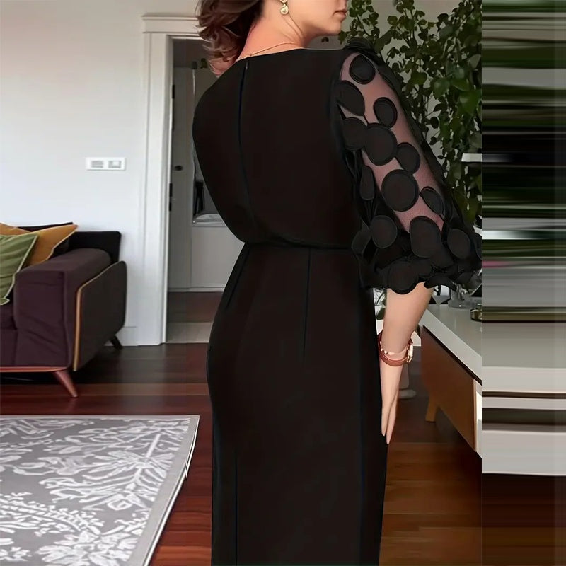 Women's Polka Dot Lace Sleeve Fit And Flare Dress, Round Neck Knee-Length Bodycon With Side Slit