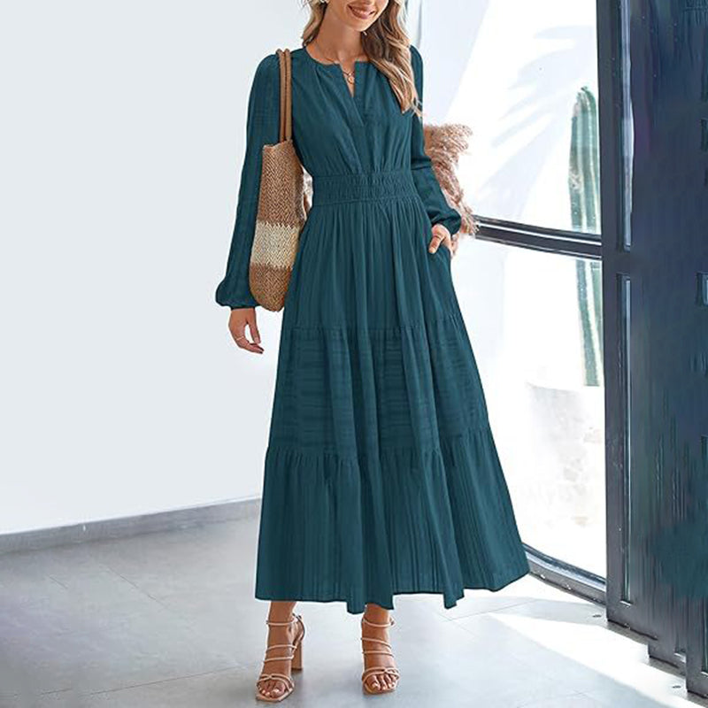 Women's Solid Color V-Neck Smocked Waist Maxi Dress, Bohemian A-Line Long Sleeve For Vacation And Daily Wear