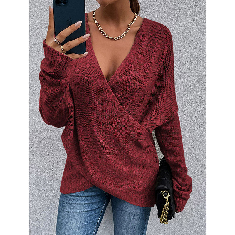 Women's Criss Cross V-Neck Sweater - 2025 Fall Long Sleeve Casual Pullover Top
