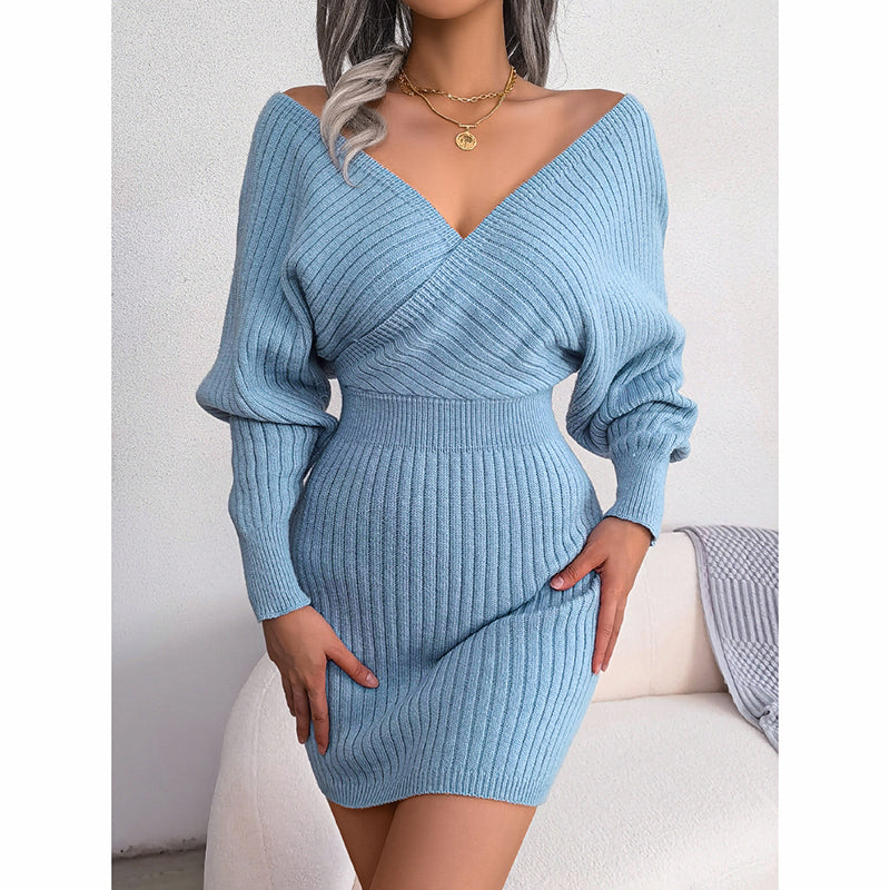 Women's Batwing Sleeve Sweater Dress- Sexy Off The Shoulder V-Neck Mini Dress, Solid Color