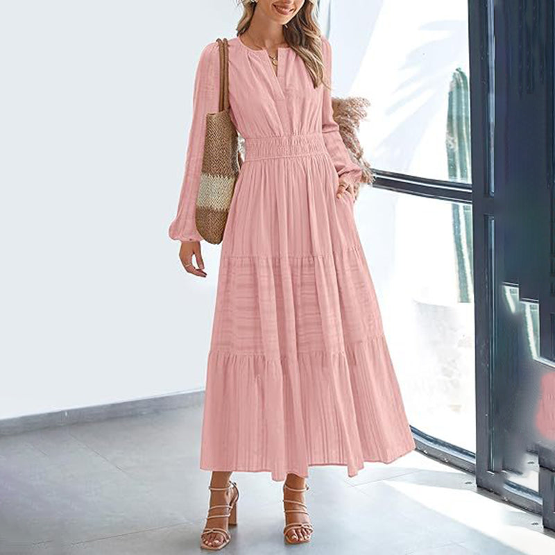 Women's Solid Color V-Neck Smocked Waist Maxi Dress, Bohemian A-Line Long Sleeve For Vacation And Daily Wear