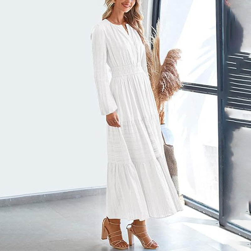 Women's Solid Color V-Neck Smocked Waist Maxi Dress, Bohemian A-Line Long Sleeve For Vacation And Daily Wear