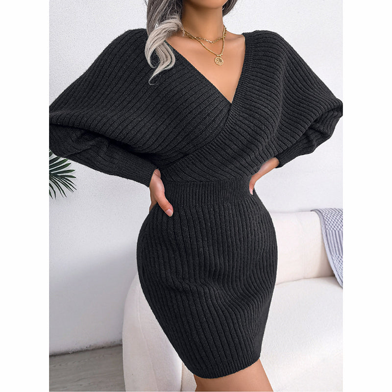 Women's Batwing Sleeve Sweater Dress- Sexy Off The Shoulder V-Neck Mini Dress, Solid Color