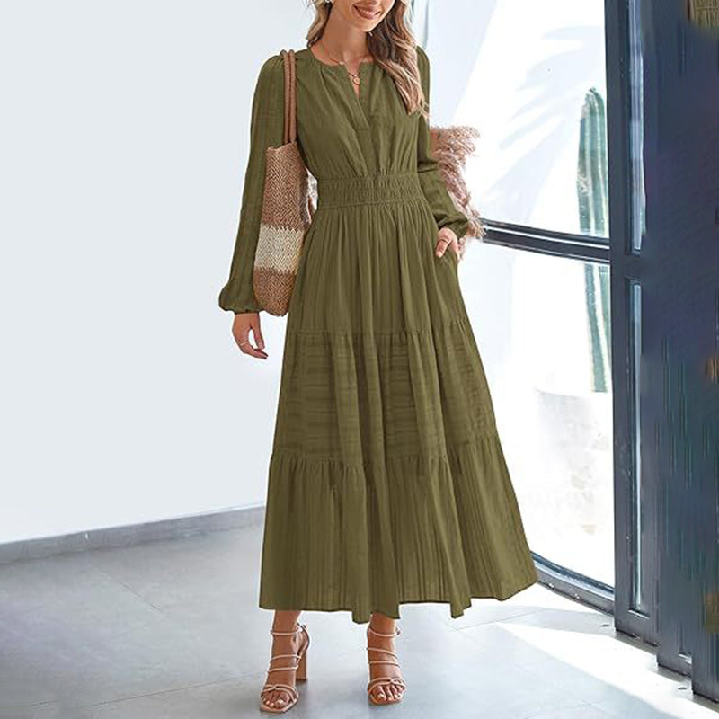 Women's Solid Color V-Neck Smocked Waist Maxi Dress, Bohemian A-Line Long Sleeve For Vacation And Daily Wear