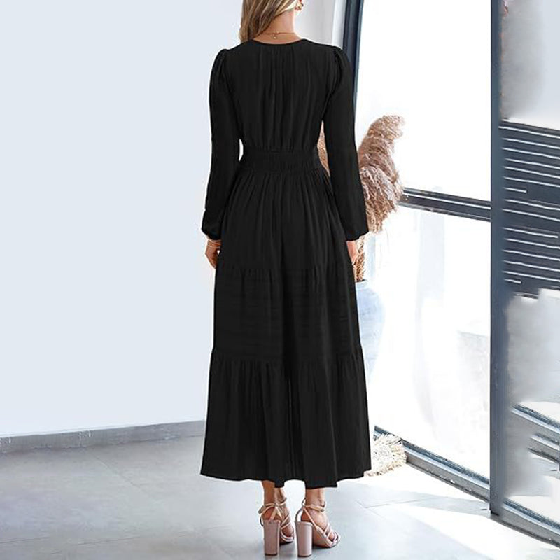 Women's Solid Color V-Neck Smocked Waist Maxi Dress, Bohemian A-Line Long Sleeve For Vacation And Daily Wear