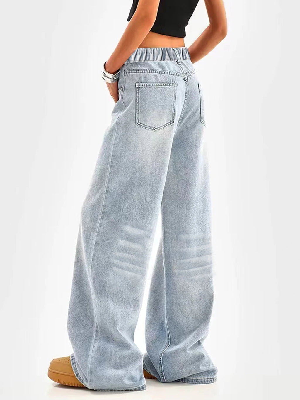 Retro washed blue loose wide-leg straight pants for middle and large children and girls, casual, simple and versatile long jeans
