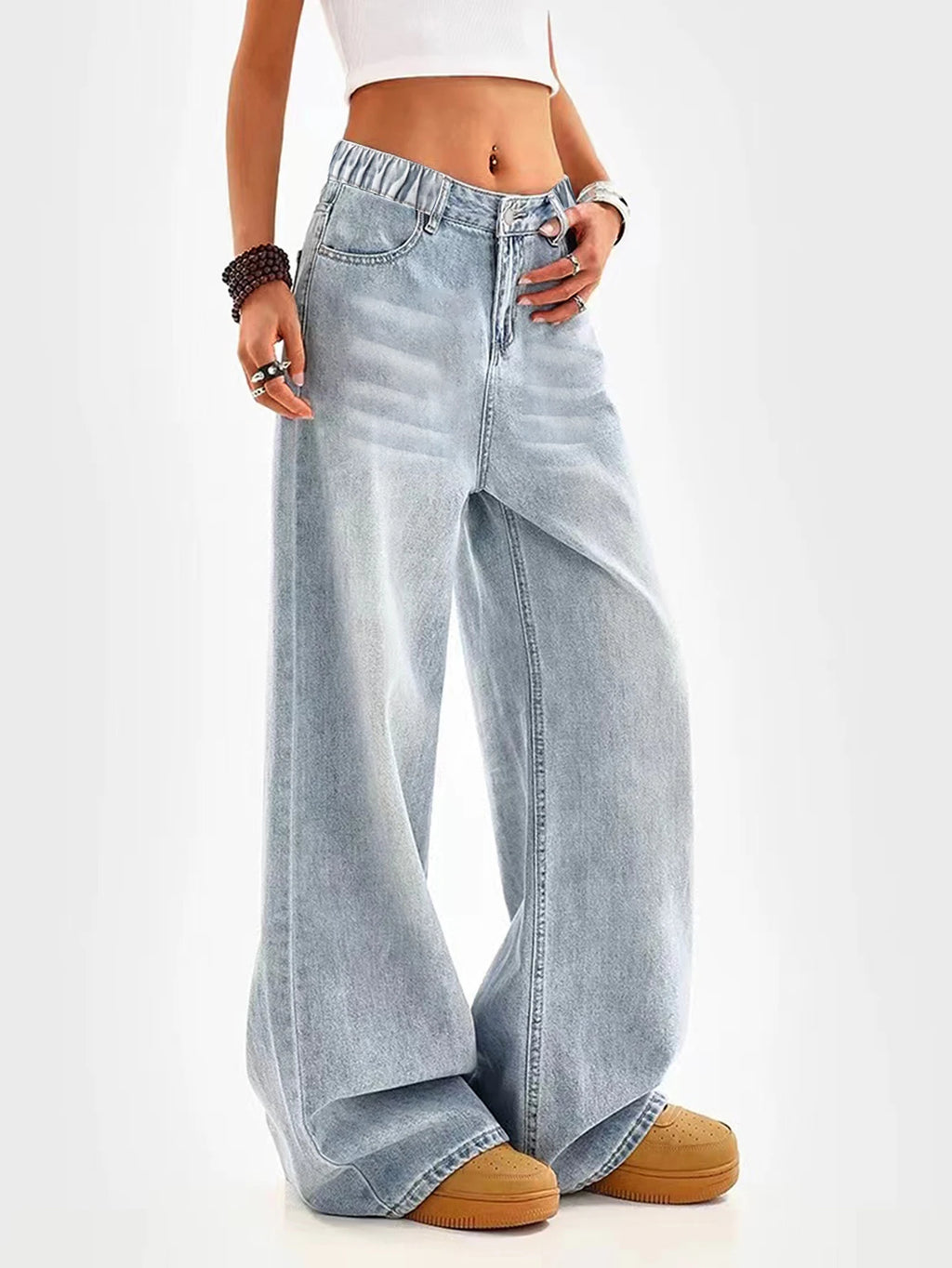 Retro washed blue loose wide-leg straight pants for middle and large children and girls, casual, simple and versatile long jeans