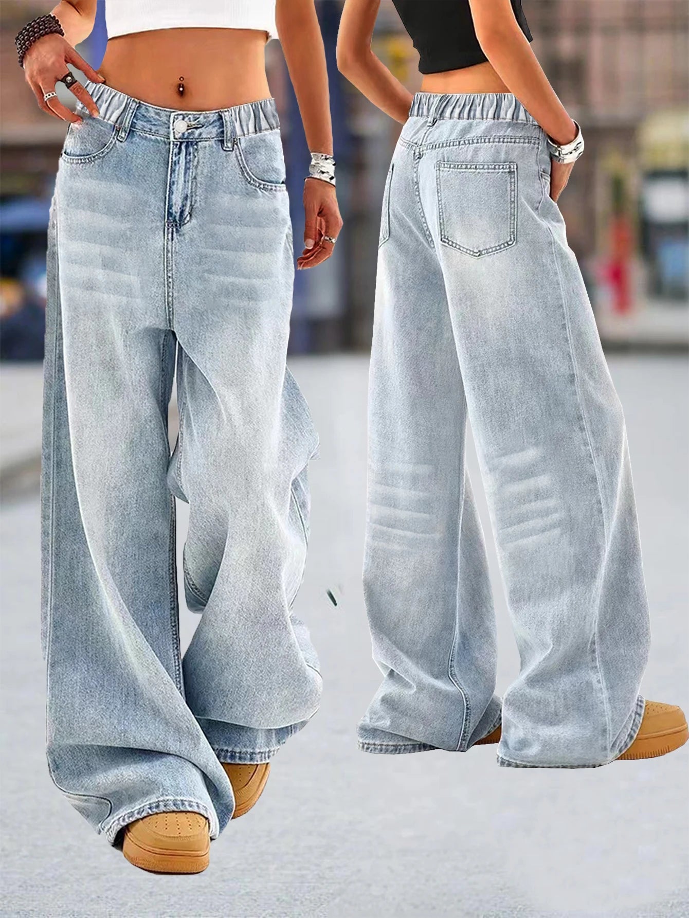 Retro washed blue loose wide-leg straight pants for middle and large children and girls, casual, simple and versatile long jeans