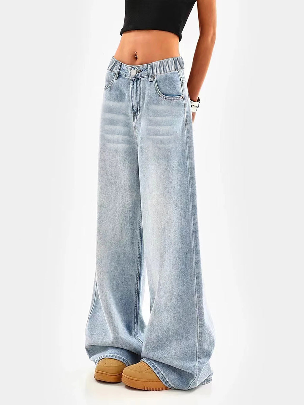 Retro washed blue loose wide-leg straight pants for middle and large children and girls, casual, simple and versatile long jeans
