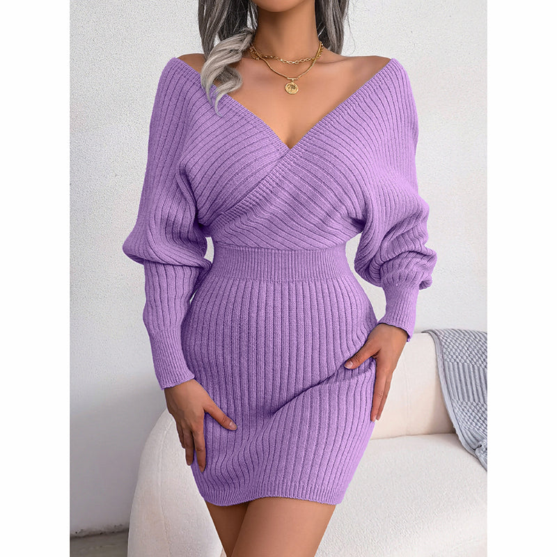 Women's Batwing Sleeve Sweater Dress- Sexy Off The Shoulder V-Neck Mini Dress, Solid Color