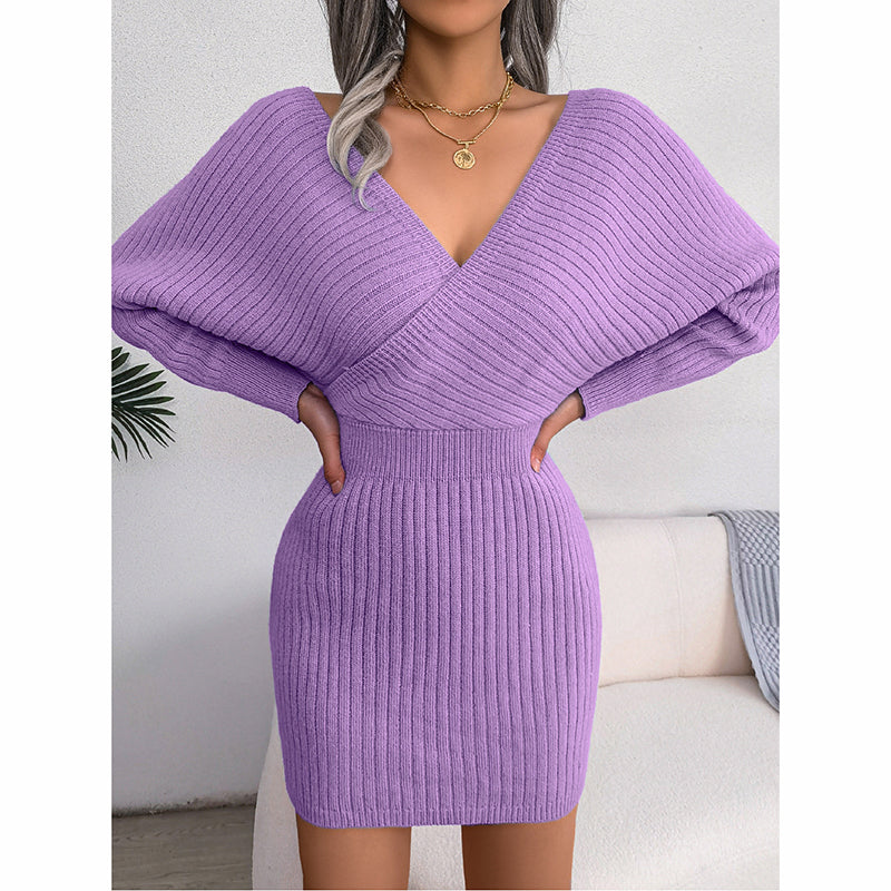 Women's Batwing Sleeve Sweater Dress- Sexy Off The Shoulder V-Neck Mini Dress, Solid Color
