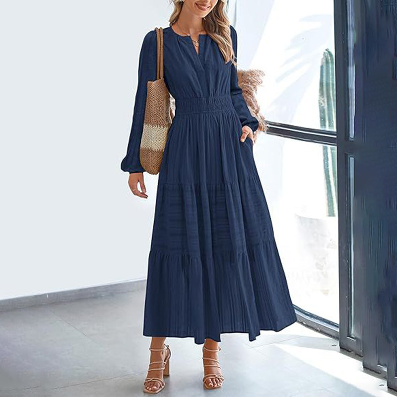 Women's Solid Color V-Neck Smocked Waist Maxi Dress, Bohemian A-Line Long Sleeve For Vacation And Daily Wear