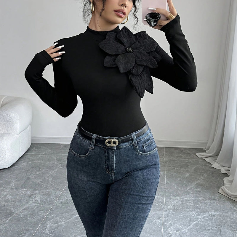 Women's Elegant Solid Color Knit Top, 3D Floral Rhinestone Decor High Neck Long Sleeve Blouse