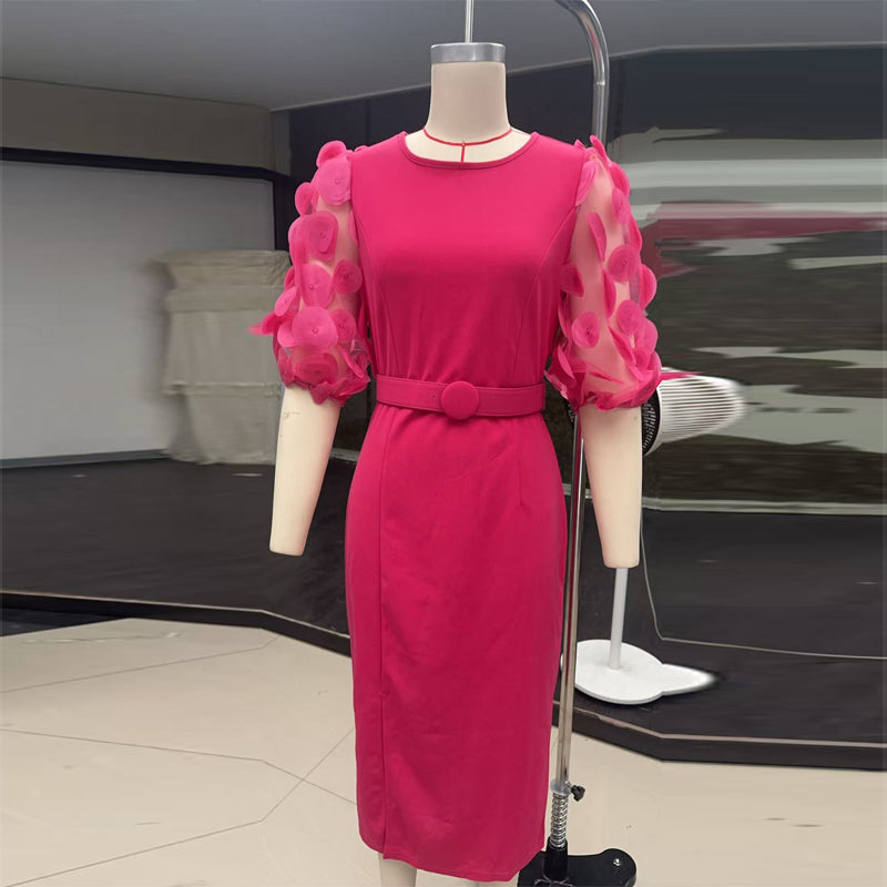 Women's Polka Dot Lace Sleeve Fit And Flare Dress, Round Neck Knee-Length Bodycon With Side Slit