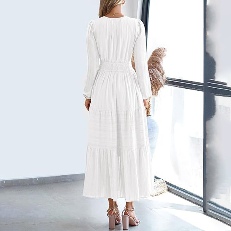 Women's Solid Color V-Neck Smocked Waist Maxi Dress, Bohemian A-Line Long Sleeve For Vacation And Daily Wear