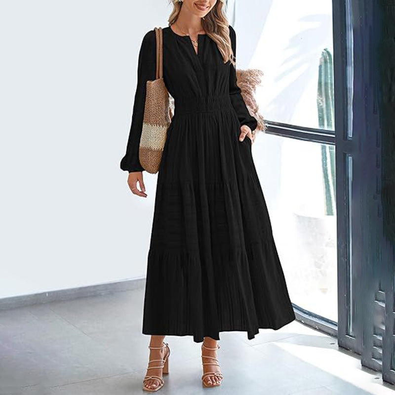 Women's Solid Color V-Neck Smocked Waist Maxi Dress, Bohemian A-Line Long Sleeve For Vacation And Daily Wear